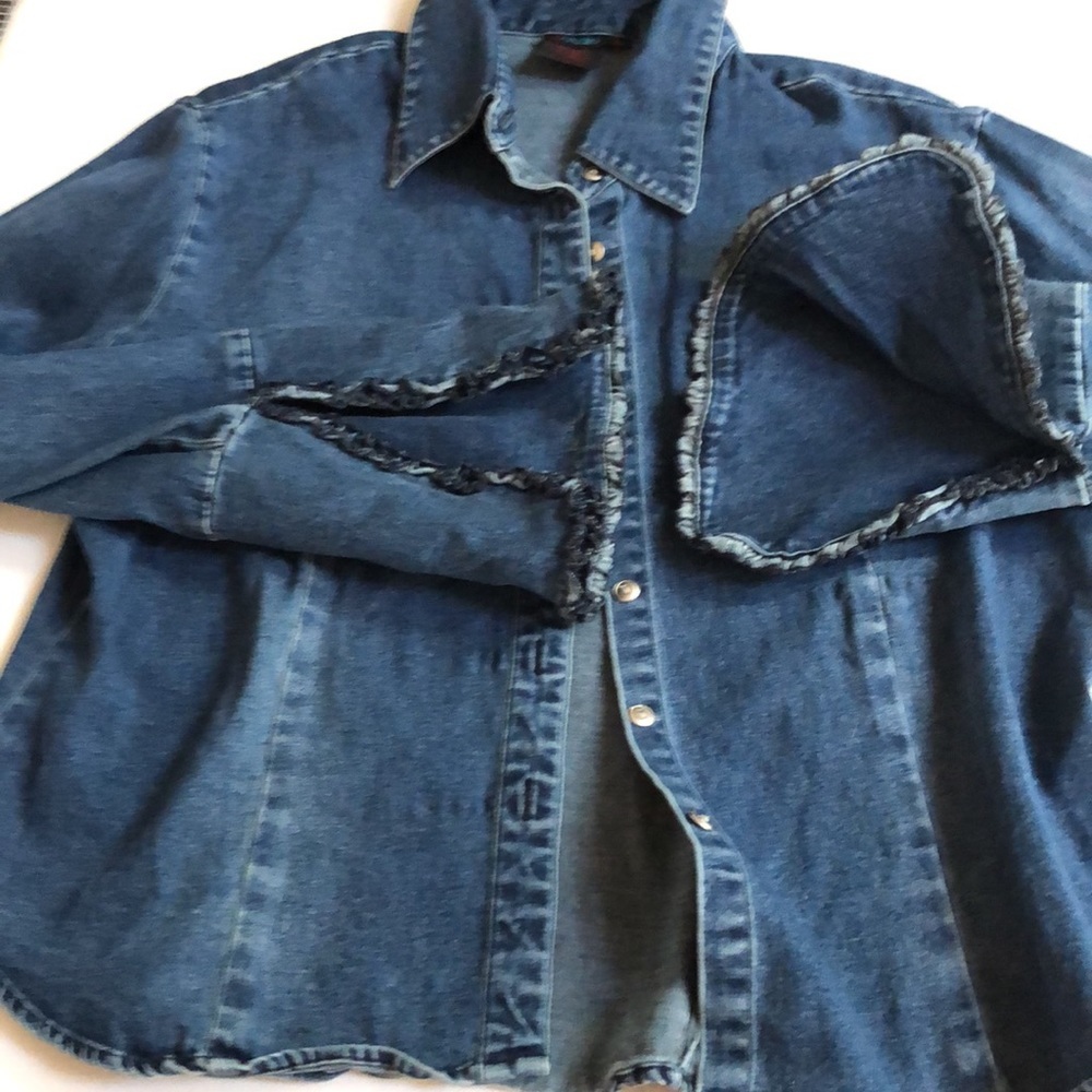 D STUDIO vintage XL dark denim button up shacket wide slit cuffs ruffle detail